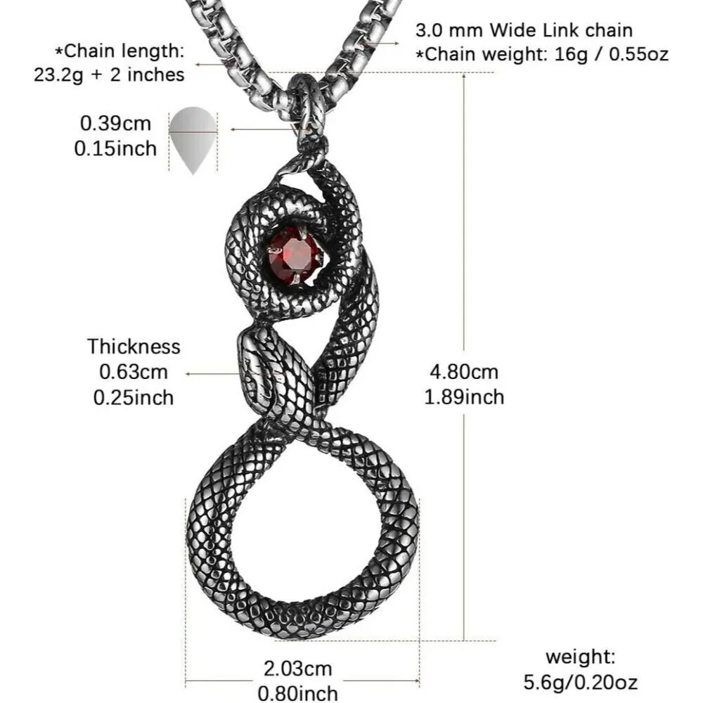 Men's  Black CZ Snake Silver Gothic Stainless Steel Snake Pendant Jewelry Chain